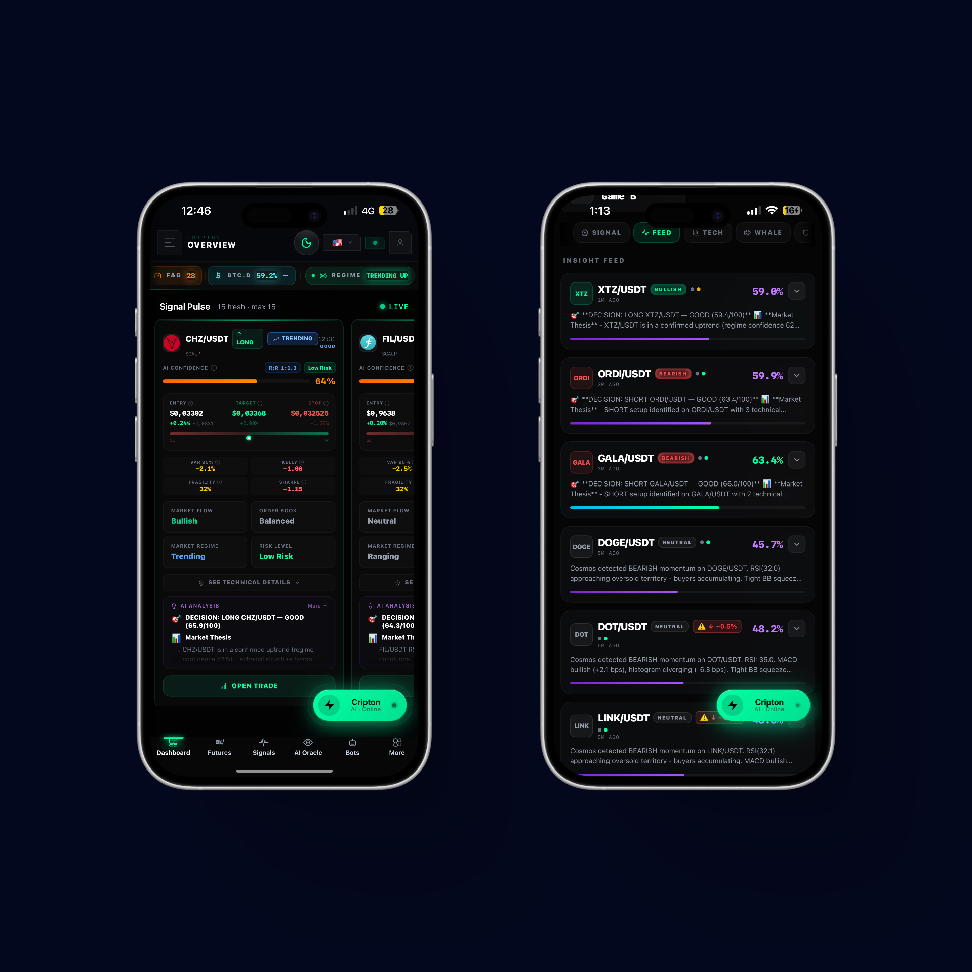 Cripton AI mobile app — Signal Pulse and Oracle Feed screens